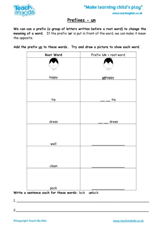 Worksheets for kids - prefixes-un